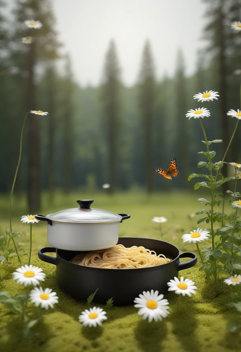 masterpiece, best quality, cinematic photo of Empty area in the meadow with a 
pot of pasta in the background, forest landscape, nature, realistic, forest, grass, outdoor, realistic rendering style, flying butterfly, small white daisy, depth of field, photograph, film, highres