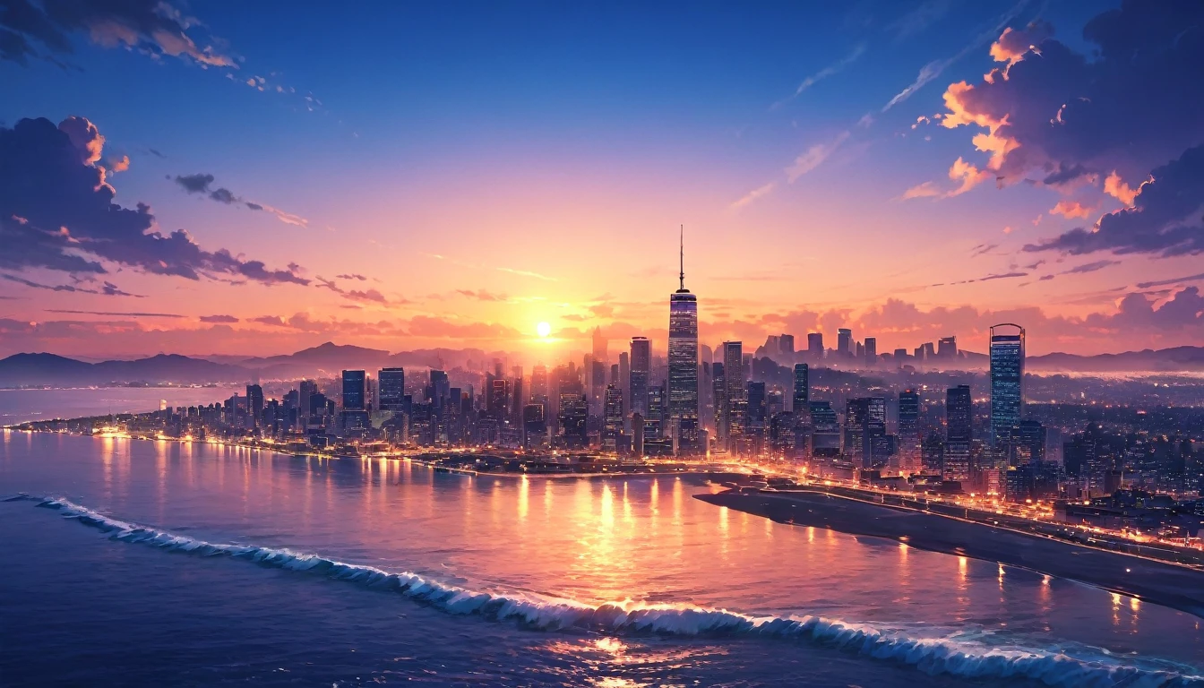 a beautiful scenic view of a city skyline at sunset, tranquil ocean, anime style, cinematic lighting, vibrant colors, highly detailed, (best quality,4k,8k,highres,masterpiece:1.2),ultra-detailed,(realistic,photorealistic,photo-realistic:1.37),cinematic lighting, dramatic sky, glowing sunset, calm ocean waves, silhouetted cityscape, neon lights, atmospheric, moody, ethereal