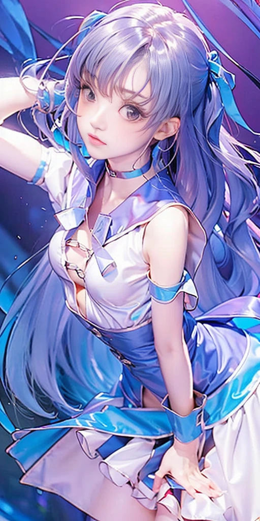 (8k, top quality, masterpiece: 1.2), (realistic, photorealistic: 1.37), super detailed, girl alone, cute, solo, midnight, beautiful detailed sky, detailed café, sitting, dating, (blush), (smile: 1.15), small breasts (mouth closed), beautiful fine eyes, floating hair NovaFrogStyle, back open dress, blue rose accessories, Blue rose background