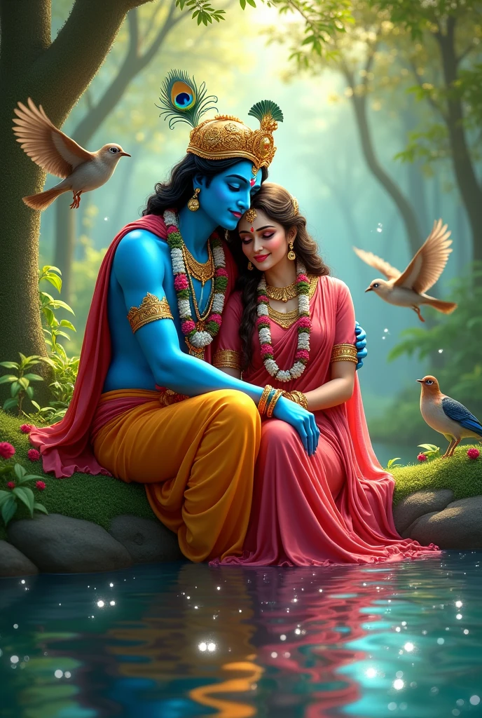 Create a serene and colorful depiction of Lord Krishna and Radha sitting together in a lush, enchanted forest by the water. The scene should be vibrant, with soft sunlight filtering through the green leaves. Krishna, with his blue skin, wears a golden crown adorned with peacock feathers and vibrant garlands. Radha is lovingly leaning on him, her face showing contentment and joy. Surround them with birds in mid-flight, adding a sense of movement and harmony to the peaceful atmosphere. The water around them should sparkle with reflections of nature, adding to the tranquility of the scene.