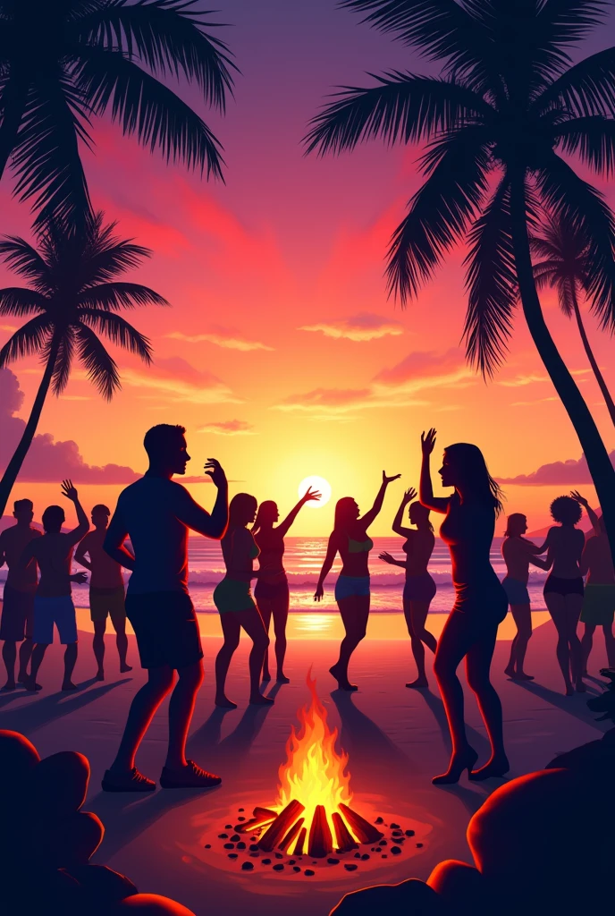 Beach party with dancing people as silhouette, there is a dj and a campfire, the whole thing takes place on the beach, in the background you can see water and a sunset, There are trees on the sides but no palm trees. Leave space for writing in the lower third of the image