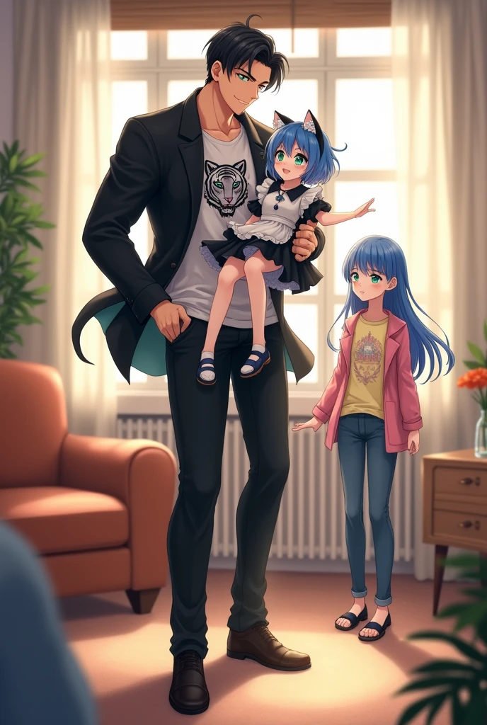 ((best quality)), ((masterpiece)), (detailed), A 2 anime fantasy handsome tall strong guy with bright green eyes , a black fit coat with and a white t-shirt with a picture of black tiger in the middle of that . black neat hair and a soft kindly smile on his face , a strong body as a sign of exerciser being , lifted up and spin around an innocent 4-year-old fantasy anime girl with big and blue eyes that twinkle in the room light, playfully and softly chuckles with blushed cheeks, while she is suspended in his arms , Her arms are slightly opened as a sign of joy , her white and black and blue baby maid outfit with unreal cat ears and two blue bow ties on her head, fairly long straight black hair, in the middle of the living room , and in a moment , An 25-year-old fantasy anime gangster strong girl with shiny blue eyes, an enjoyable look and a soft smile on her face while chuckle , a kind and affectional look, blushed cheeks, a light yellow t-shirt with a fantasy princess in flower view in the middle, and a pink jacket with white lines on it. White and black sports shoes and golden bracelet with golden flower design, a sky blue jean , long straight blue hair , in the middle of the living room , stands near and looking to that guy and girl . enjoying moment as a happy family