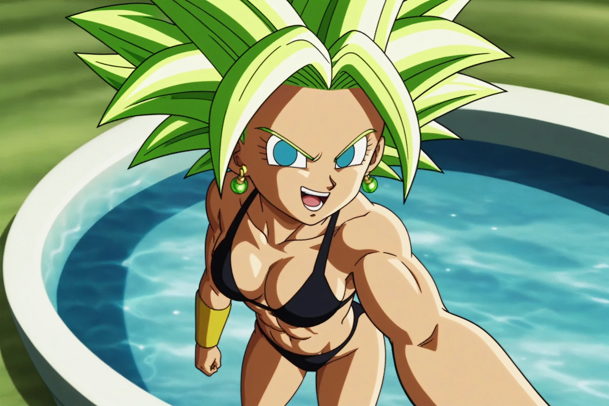 fountain_cheered up, score_9, score_8_above, score_7_above, cheered up screencap,
kefladb, 1 girl, alone, looking at the viewer, smile, open mouth, blue eyes, belly button, potara earrings, green fur, diaphragm, muscular, ABS, spiky hair, Aura, saboveer saiyan, blonde eyebrows, clavicle, eyebrows, eyelashes, green sky, no paboveils, half_old, shadow, standing, toned, v-shaped eyebrows, Bikini sexy, pechos halfs, big ass, sexy ass, whole body, support, backward, Mirando backward, tilted clavicle
 
 