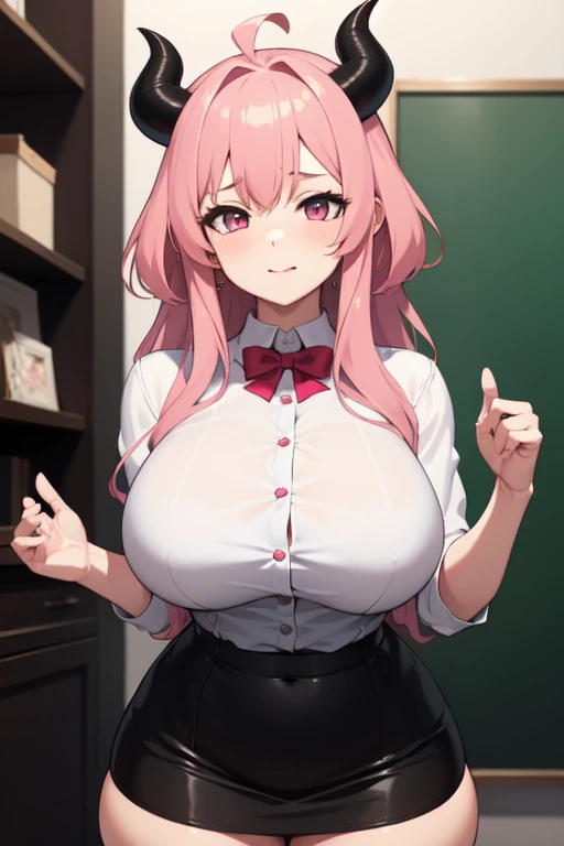 ((best quality)), ((masterpiece)), (detailed), 1girl, wearing a tight school outfit , thick thighs, beautiful face, tight clothes, struggling, tight skirt, buttons straining, demon horns, cute pink hair, big bust, wide hips, hands behind back, clothes barley fitting
