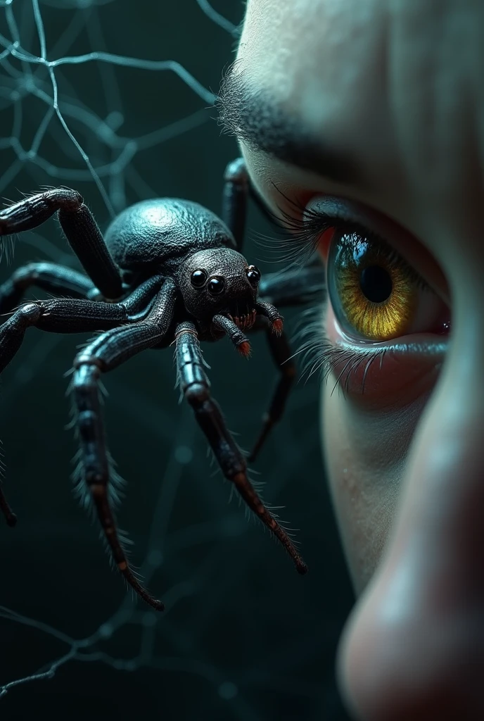 a spider coming down the web and touching the human eye