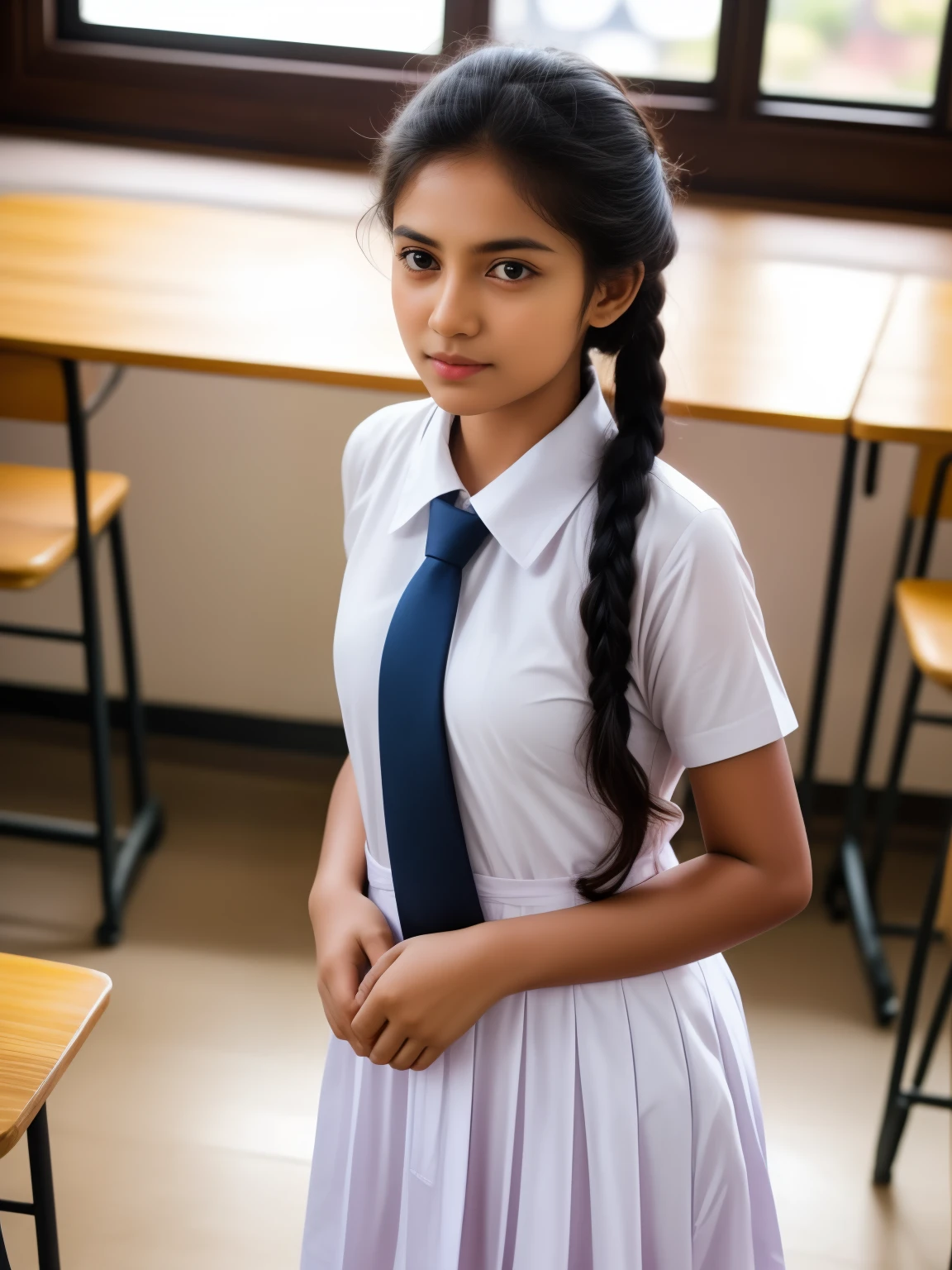 a beautiful cute  girl in srilanka, detailed white frock, standing in a classroom, cinematic lighting, hyperrealistic, photorealistic, 8k, masterpiece, warm colors, natural lighting, detailed school uniform, detailed facial features, beautiful eyes, cute expression, high quality, intricate details