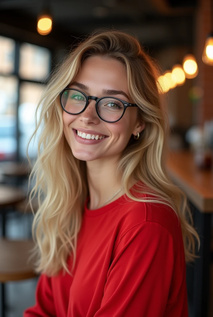 create an influencer,blonde hair,Scandinavian,light eyes,light brown skin, spotty, girl next door,Natural photo, spontaneous photo, 55 mm linse, Background also sharp, further away from the camera ,elegant posture,full body picture,in a cafe.with nerd glasses,red top,more revealing