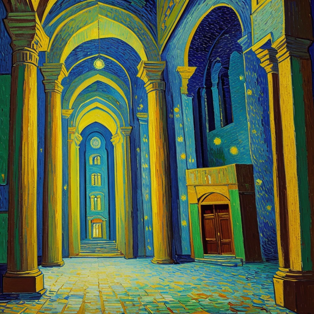 create a painting canvas with visible paint strokes (be inspired by Van Gogh). This portrait must contain a temple, the inside of an Arab prayer temple.