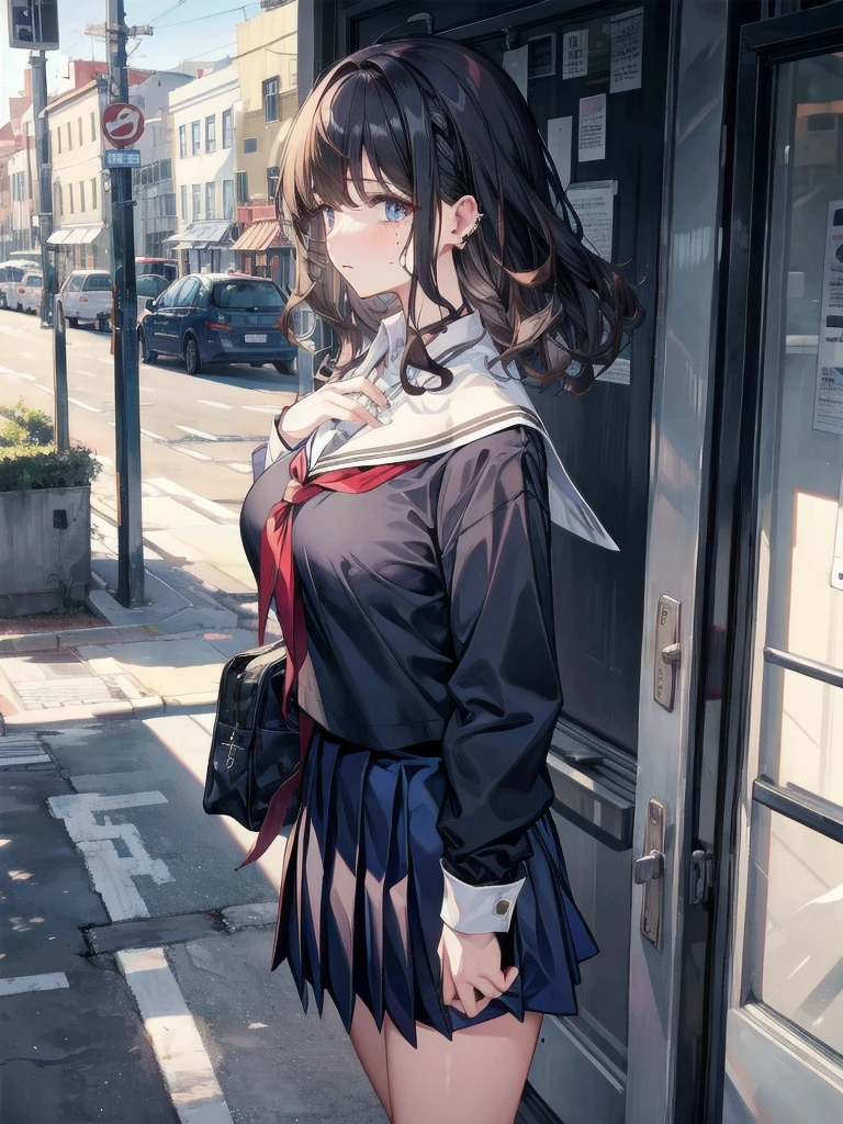 tearful mole, earring, medium tits, medium hair, asymmetrical hair, wavy hair, school_uniform, navy blue skirt,