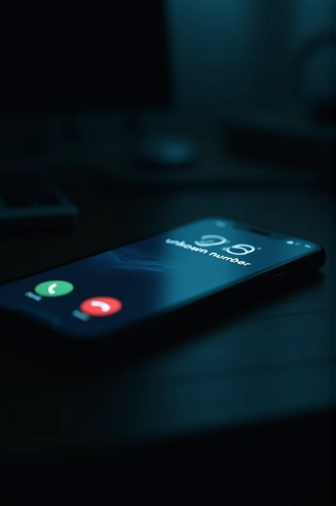 "A close-up of a smartphone screen showing an incoming call from an 'Unknown Number.' The background is dimly lit, with the only light coming from the phone's screen, emphasizing the unsettling nature of the moment."