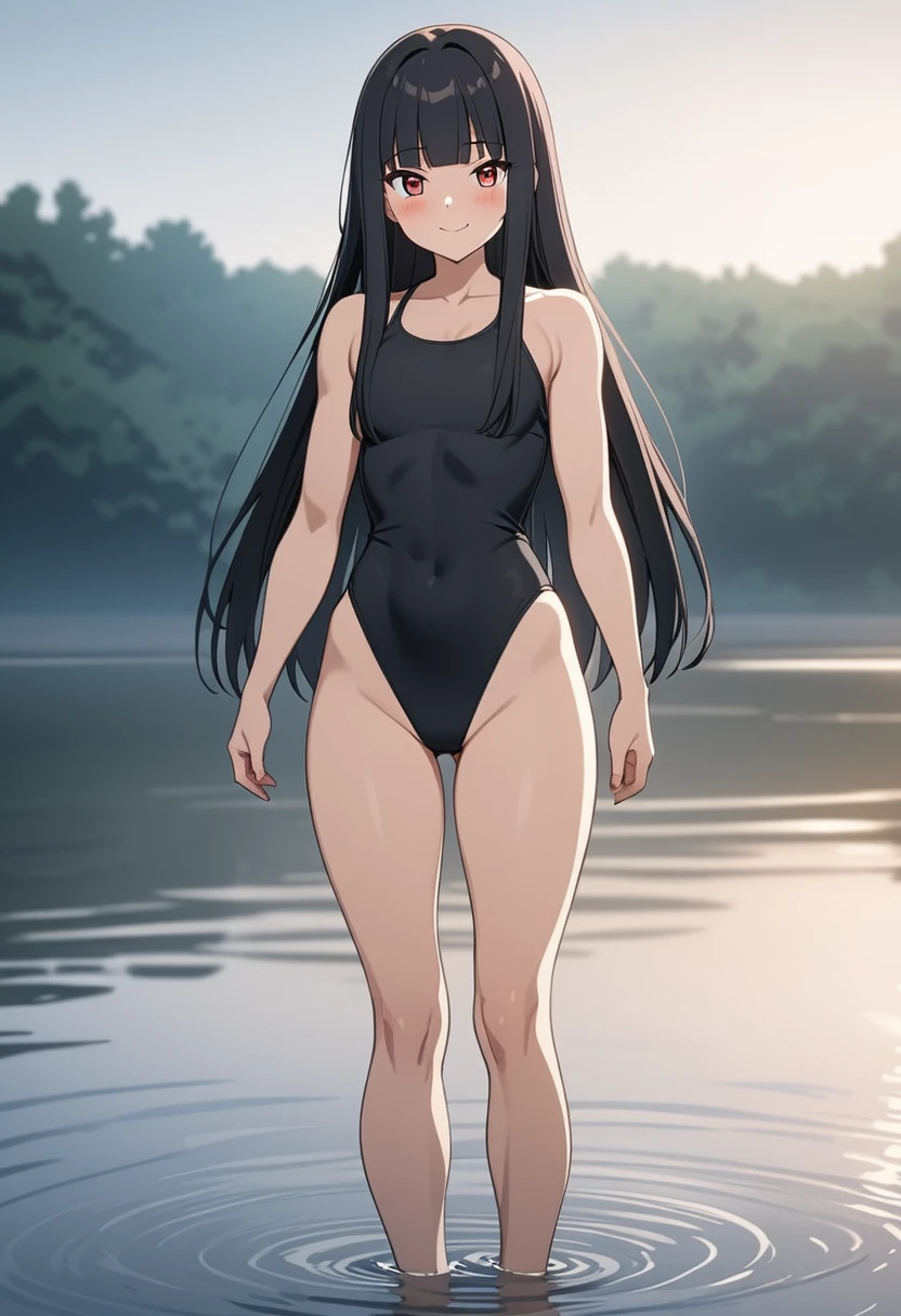 masterpiece, anime, 1girl, standing, smile, blush, tall, lean muscular, black hair, long hair, straight hair, symmetrical bangs, hime cut, red eyes, black one-piece, barefoot, standing in a lake