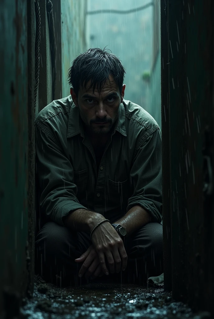 Man hides in a tight but comfortable place to escape a horde of zombies, on a rainy day