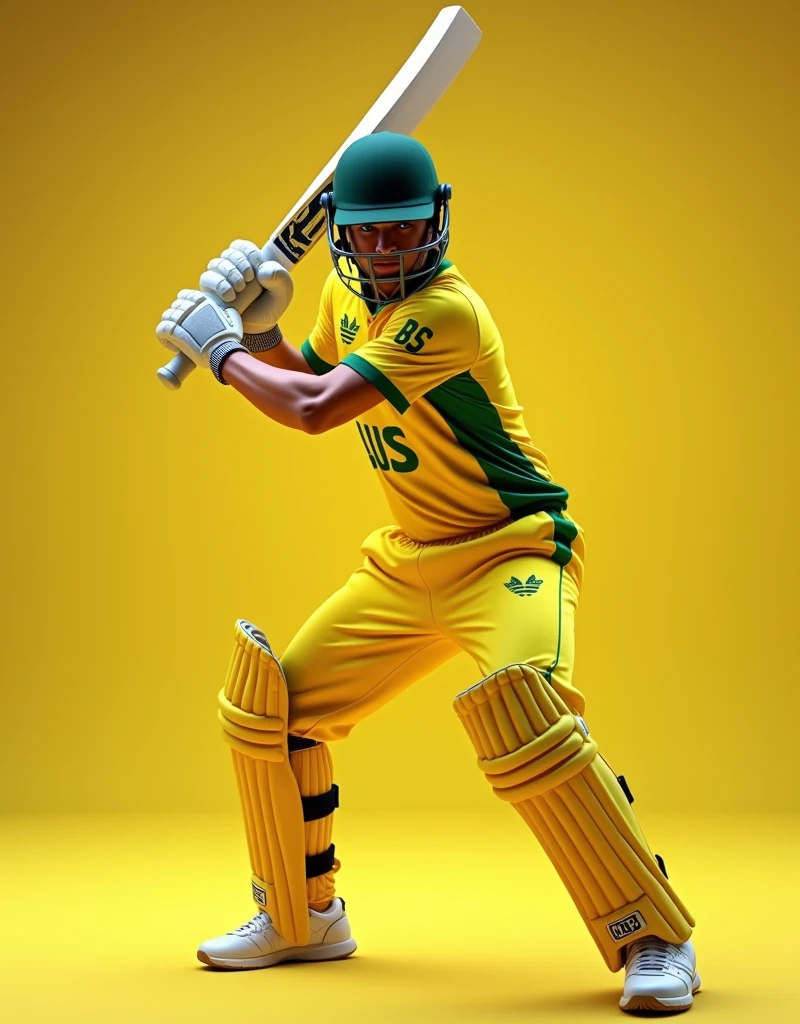 Give me a yellow jersey with AUS written on it. Wearing white sneakers. The cricket player is wearing a dark green helmet. He holds the cricket bat with both hands and swings the cricket ball.,顶光drop shadow, anaglyph, stereogram, tachi-e, ass pov, atmospheric perspective, 8k, super detail, best quality
