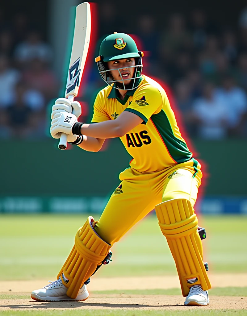 Give me a yellow jersey with AUS written on it. Wearing white sneakers. The cricket player is wearing a dark green helmet. He holds the cricket bat with both hands and swings the cricket ball.，顶光drop shadow, anaglyph, stereogram, tachi-e, ass pov, atmospheric perspective, 8k, super detail, best quality