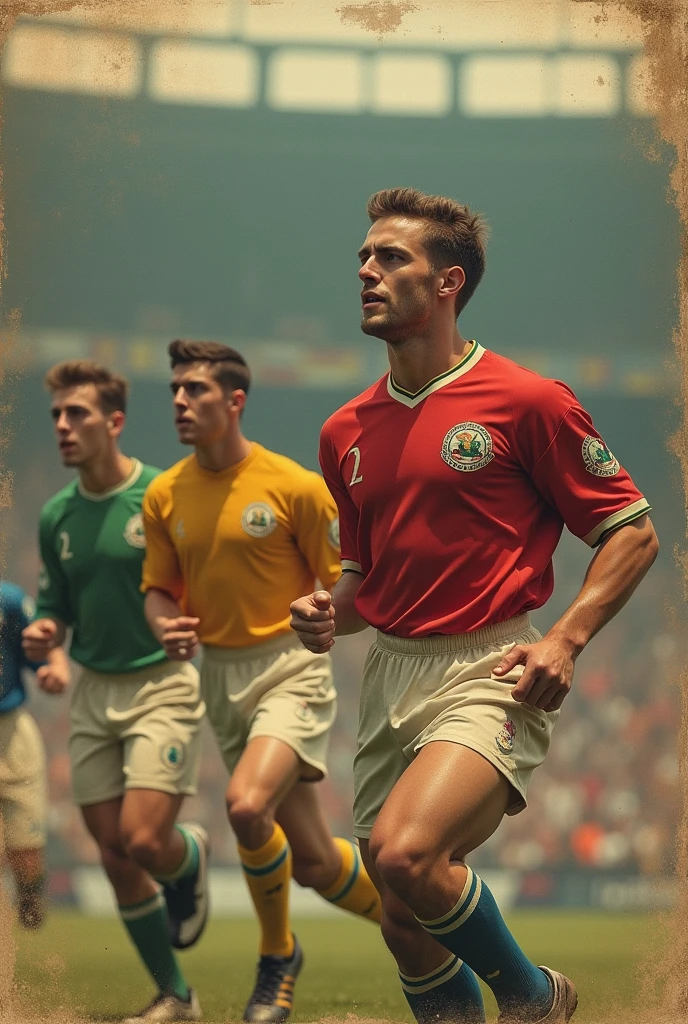 Create an advertising image on football shirts with a retro and vintage style 