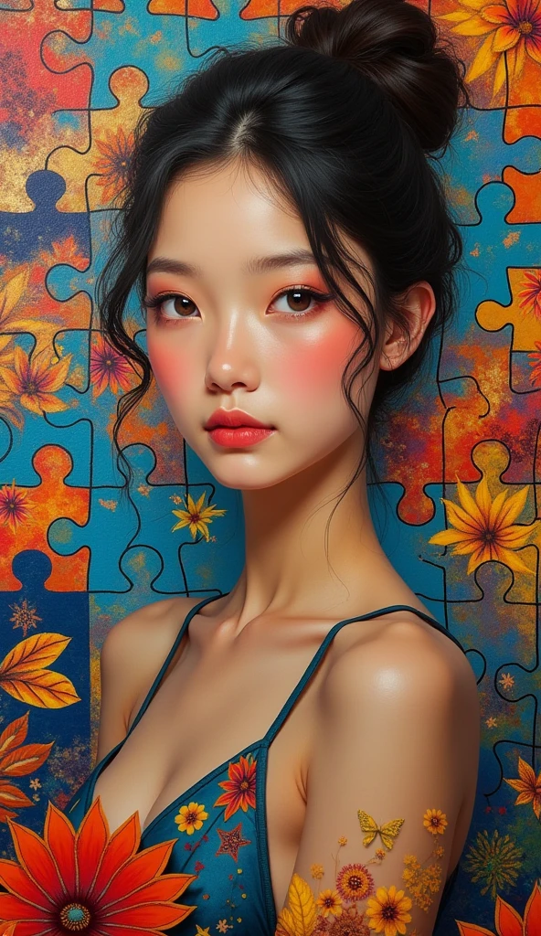 High-quality realistic acrylic art, vivid colors, (best quality, 4K, 8K, high-resolution, masterpiece), ultra-detailed, photorealistic,Decorative paintings,Girl Portrait,Rich colors,Geometric puzzles.