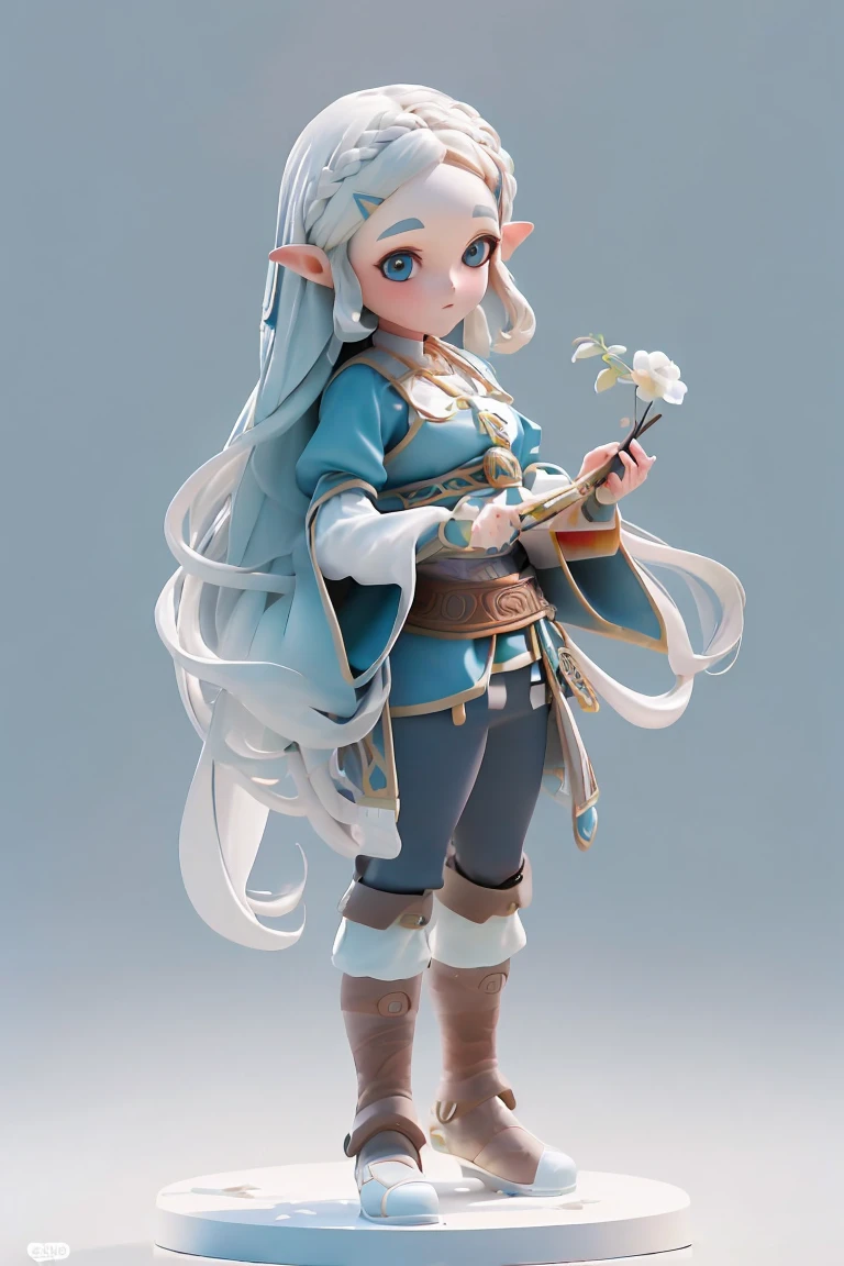 (Full body standing painting), solo, tmasterpiece，best qualtiy，8k, Clearandcleanbackground, microclose-up, 01wawa, 1girll, solo, Princess Zelda, Blue eyes, blue clothes, blonde hair, long detailed hair, brown boots (perfect detail eyes:1.2), (High quality:1.2), (High detail:1.2), (Masterpiece:1.2), (Extremely detailed:1.2), illustration,paint brushes, solo, (white background), simple backgound, Masterpiece, Best quality, illustration, , beautiful detailed glow, Beautiful detailed eyes, midriff, big forhead, tchibi, A full-body masterpiece， Best quality at best, holding sheikah slate