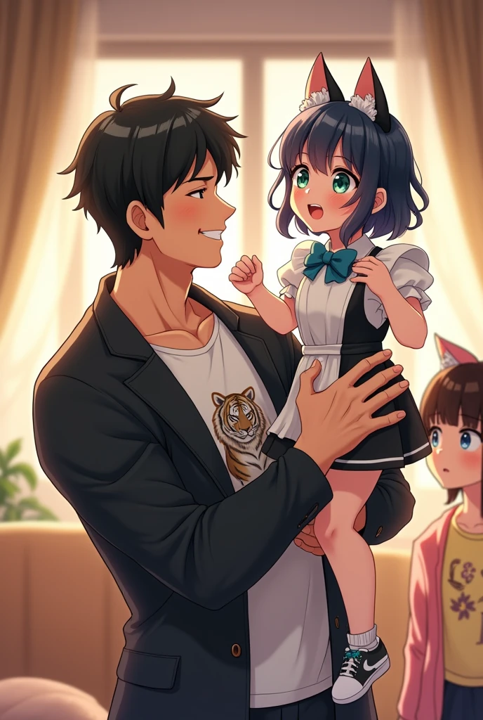 ((best quality)), ((masterpiece)), (detailed), A 2 anime fantasy handsome strong guy with bright green eyes , a black fit coat with and a white t-shirt with a picture of black tiger in the middle of that . black neat hair and a soft kindly smile on his face , a strong body as a sign of exerciser being , lifted up and spin around an innocent 4--old tasy anime girl with big and blue eyes that twinkle in the room light, playfully and softly chuckles with blushed cheeks, while she is suspended in his arms , Her arms are slightly opened as a sign of joy , her white and black and blue baby mautfit with unreal cat ears and two blue bow ties on her head, fairly long straight black hair, in the middle of the living room , and in a moment , An 25-year-old fantasy anime gangster strong girl with shiny blue eyes, an enjoyable look and a soft smile on her face while chuckle , a kind and affectional look, blushed cheeks, a light yellow t-shirt with a fantasy princess in flower view in the middle, and a pink jacket with white lines on it. White and black sports shoes and golden bracelet with golden flower design, a sky blue jean , long straight blue hair , in the middle of the living room , stands near and looking to that guy and girl . enjoying moment as a happy family