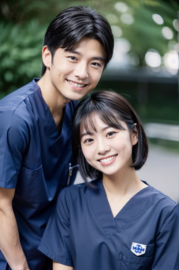 Dental hygienist, two men, smiling, wearing dark blue solid color nurse uniform, short sleeves, Japanese, black hair, men in their early 20s Upper body close-up Shooting outside Harmony々 Navy Blue