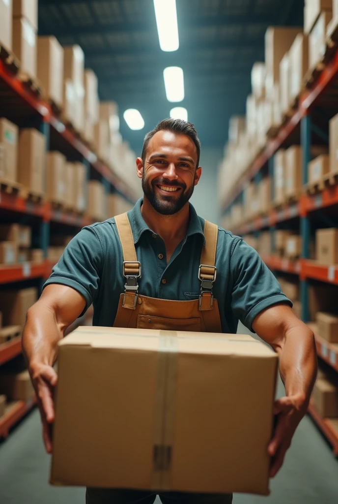 a man(lifting big boxes with hands),in warehouse, (looking at the cameraman, gentle smile, glowing eyes, sparkling eyes, smile, light smile, Wide-Angle, Fujifilm, Wide-Angle, Fujifilm, masterpiece, accurate, super detail, high details, high quality, best quality, highres, HD, 4K, masterpiece, accurate,, super detail, high details, high quality, best quality, highres, HD, 4K