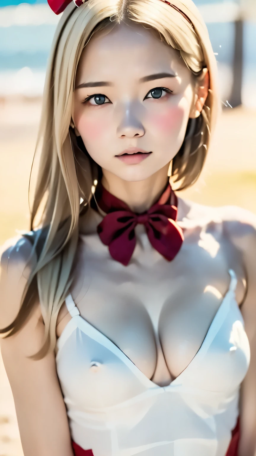 1 person,Beautifully detailed face:1.3、Face close-up:1.6、The whole face fits in the frame:1.6、((She wears a big red bow in her hair like a French doll......:1.6))、 (((Small breasts:1.7、Nipple showing through:1.5)))、(A sheer camisole with a loose fit around the chest:1.7), ((I'looking forward to it:1.6))、Pink Eyeshadow:1.6、((Looking into the camera:1.3))、Very beautiful Japanese idol portraits,
(RAW Photos, Highest quality), (Realistic, Realistic:1.4), (masterpiece),
Very delicate and beautiful, Very detailed, 2k wallpaper, wonderful, finely, Very detailed CG Unity 8K 壁紙, Very detailed, High resolution, Soft Light,
Beautiful detailed, Very detailed目と顔, Beautiful and sophisticated nose, Big beautiful eyes, Cinema Lighting,
(Simple and solid background:1.3),
(Blonde medium hair:1.5), (Parted bangs),
Complete Anatomy, Slender body,とてもSmall breasts, Sensual look
