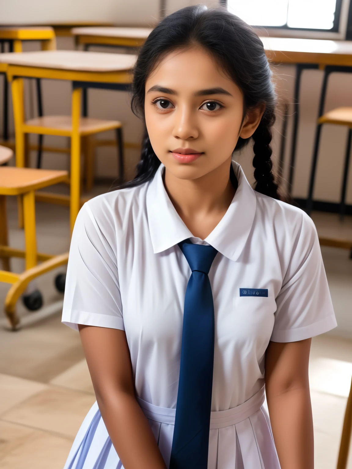 a beautiful cute little school girl in srilanka, detailed white frock, standing in a classroom, cinematic lighting, hyperrealistic, photorealistic, 8k, masterpiece, warm colors, natural lighting, detailed school uniform, detailed facial features, beautiful eyes, cute expression, high quality, intricate details