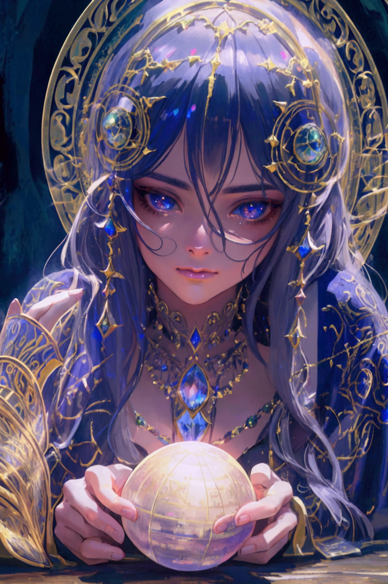 a wise old wizard, beautiful detailed eyes, beautiful detailed lips, extremely detailed eyes and face, longeyelashes, long flowing beard, intricate robe, holding a glowing crystal ball, magical energy swirling around, mystical library, ancient tomes, (best quality,4k,8k,highres,masterpiece:1.2),ultra-detailed,(realistic,photorealistic,photo-realistic:1.37),fantasy, cinematic lighting, moody atmosphere, dramatic shadows, vibrant colors, glowing magical effects