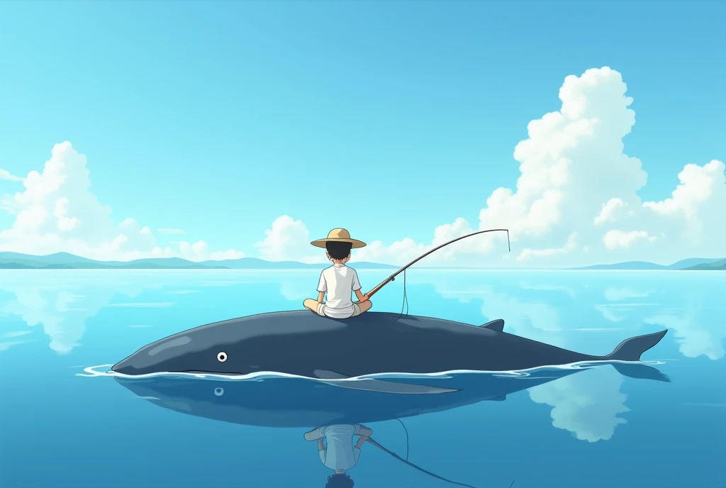 1 screen, ((from the front)), (perfect anatomy), (masterpiece, Highest quality, 4K), (Incredibly detailed Studio Ghibli anime art), (Official Art), (Ultra high definition), Calm Sea,A boy sits on the back of a whale and casts a fishing line(Straw hat,白いT-shirt,Ivory colored shorts), leisurely, The weather is good too々, Calm weather for fishing, Happy😀