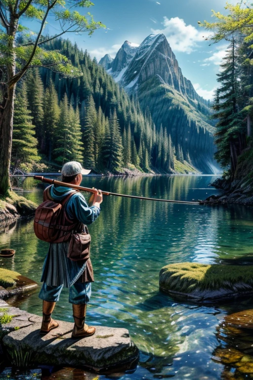 fishing for the catch of the day. The scene is depicted in anime realism, showcasing a detailed, perfect illustration of fishing action. The setting features a serene, picturesque landscape with clear waters, skillfully handling the fishing rod, and a sense of anticipation waits for the big catch. The illustration is vibrant and captures the essence of anime realism, with careful attention to detail in her fisherman's attire, expression, and the surrounding environment, photo-realistic:1.37, (best quality,4k,8k,highres,masterpiece:1.2),ultra-detailed,HDR,vivid colors,studio lighting,extreme detail description