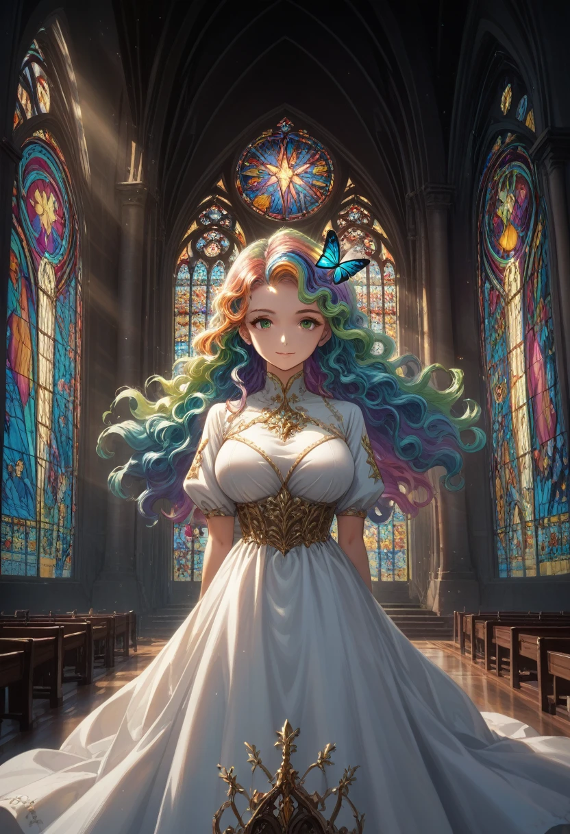 score_9, score_8_up,score_7_up, masterpiece, best quality, perfect anatomy, very aesthetic, official art, 8k,1 girl, masterpiece, extremely detailed, ((cinematic lighting)), (luminous), ((dramatic lighting)), ((beautiful detailed glow)), complex part, lens flare, multicolored hair, rainbow hair, long hair, multi-colored dress, butterfly hair decoration, butterflies, (Light particles), hands behind your back, Big breasts, [lush], cowboy shot, slight smile, green eyes, Church, Stained glass, searchlight, dark background, floating hair, floating hair, I look at the viewer,((colorful))