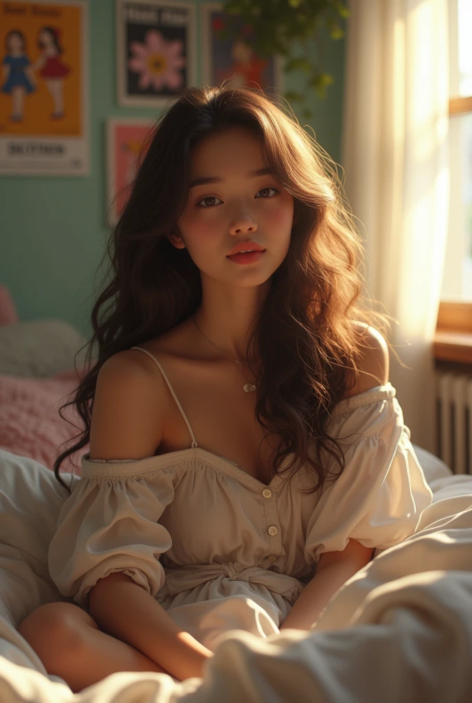 (photorealism:1.2), beautiful ager, sitting on bed, wearing loose off-shoulder top, long curly hair, indoors, soft lighting, posters in background, window with sunlight, cozy room, relaxed pose, realistic, intricate details