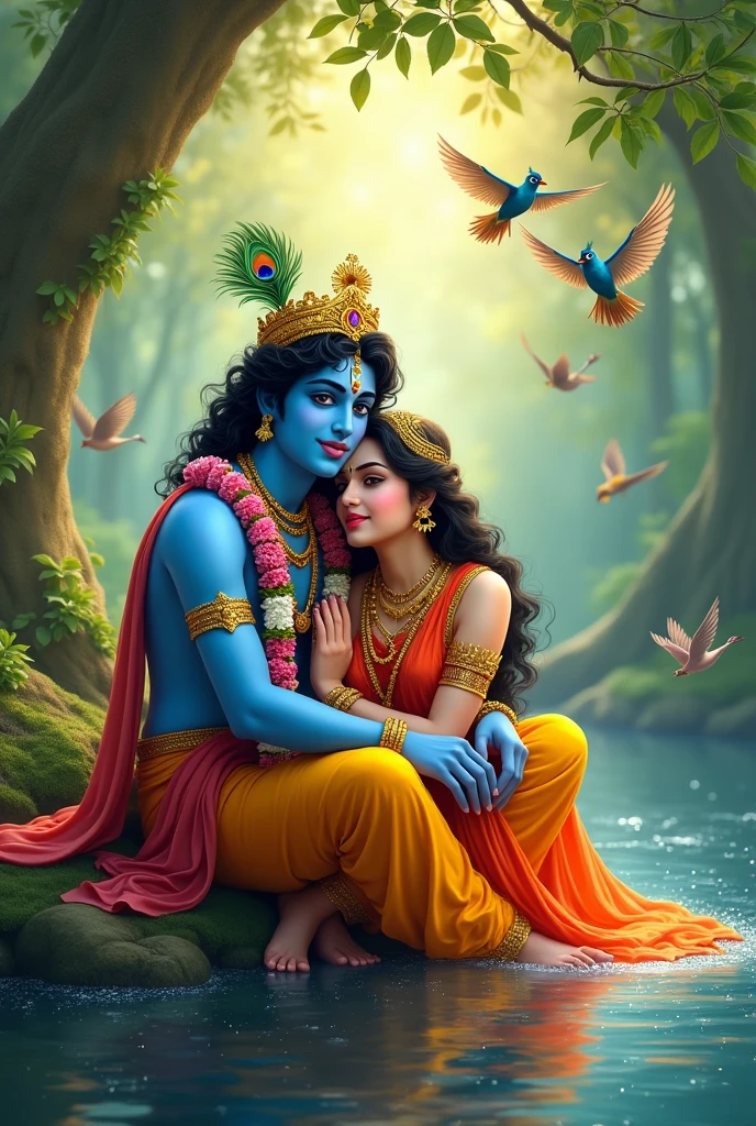 Create a serene and colorful depiction of Lord Krishna and Radha sitting together in a lush, enchanted forest by the water. The scene should be vibrant, with soft sunlight filtering through the green leaves. Krishna, with his blue skin, wears a golden crown adorned with peacock feathers and vibrant garlands. Radha is lovingly leaning on him, her face showing contentment and joy. Surround them with birds in mid-flight, adding a sense of movement and harmony to the peaceful atmosphere. The water around them should sparkle with reflections of nature, adding to the tranquility of the scene.