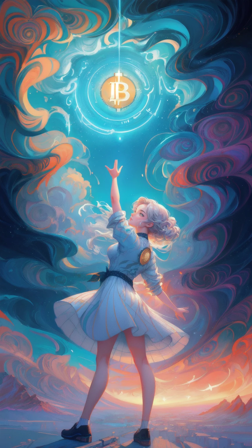 
illustration of a woman reaching for a coin in the sky, concept art inspired by Cyril Rolando, trending on cgsociety, metaphysical painting, dan mumford and alex grey style, in style of cyril rolando, bitcoin evil, fractal thunder dan mumford, personification of greed, greek myth digital painting, in the style dan mumford artwork, godrays digital painting