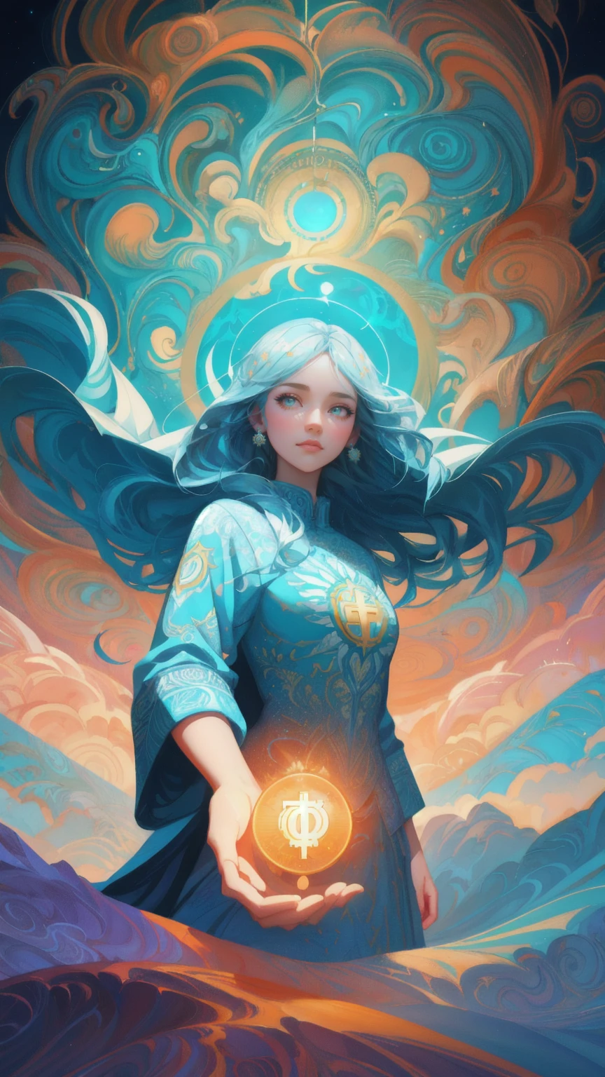 illustration of a woman reaching for a coin in the sky, concept art inspired by Cyril Rolando, trending on cgsociety, metaphysical painting, dan mumford and alex grey style, in style of cyril rolando, bitcoin evil, fractal thunder dan mumford, personification of greed, greek myth digital painting, in the style dan mumford artwork, godrays digital painting