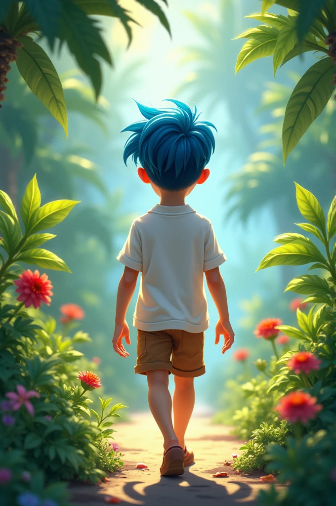 A short  boy with blue hair Egyptian haircut his hair shines like blue ruby 
He is wearing a white shirt and walking in a garden