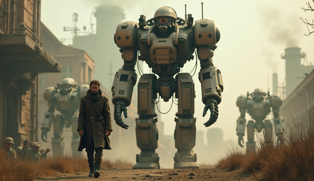 (Masterpiece.UHD.photorealistic analog photography. 1950 style) In a dystopian retro futuristic world. a tired warrior.he is inside a 3 meter tall exo skeleton armor. Wires, tubes, diesel punk. Smoke. Steam.surrounded by 1930 clunky evil war robots. early evening light.