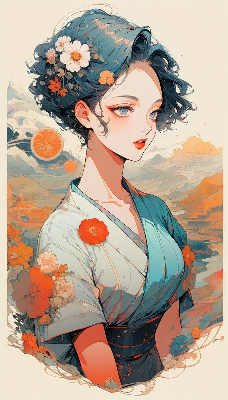 From a collage that mixes retro elements、Create dramatic contemporary digital art portraits。, Surrealism, And vintage aesthetics, Focus on intricate details、It depicts a beautiful japanese woman&#39;s full body in a relaxed pose with a dramatic, neutral expression, Detailed Hand,Long hair fluttering in the wind、Earrings、necklace、Pale color gradation
