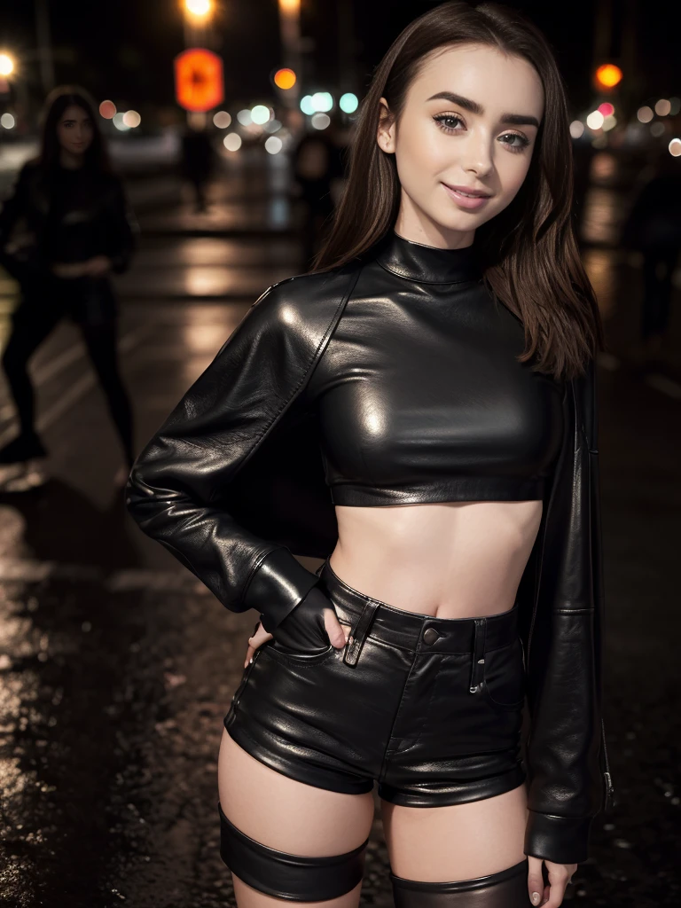 Foto hiperrealista en primer plano de LILY COLLINS, masterpiece, best quality, (photorealistic:1.4), (black leather long sleeves crop top:1.1), (black leather short shorts:1.2), night street after rain, neons, cinematic light, beautiful woman, skinny, small breasts, straight brown hair, detailed face, smile, photo taken from a distance, age 20 tears old