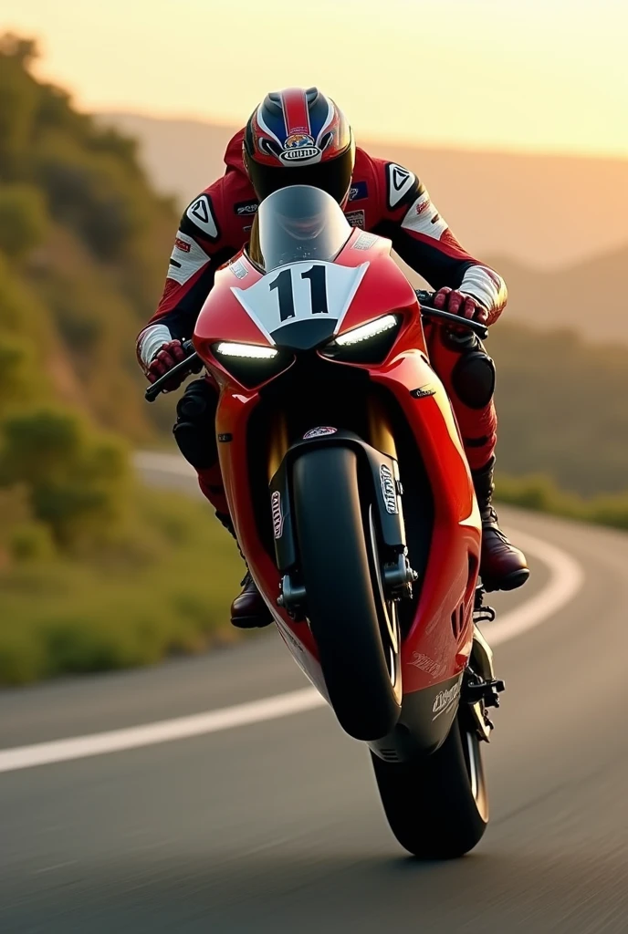 A rider on a Ducati Panigale V4 in motion on a blue motorcycle performs a daring front wheelie on a winding road, with a warm-toned sky that hints at the golden glow of sunrise or sunset. The rider&#39;s helmet and leaning posture convey a sense of concentration as they masterfully balance the bike on its rear wheel.. The curving road winds through a lush green landscape, adding depth to the dynamic composition. , retina, necessary, masterpiece, Super detail, High details, Best Quality, awarded, High resolution, High Definition, 4k, 8k, 16k, retina, necessary, masterpiece, anatomically correct, textured skin, Super detail, high quality, awarded, High resolution, 8k, 16k The motorcycle has the name Gilberto and the number 11 on his helmet and motorcycle