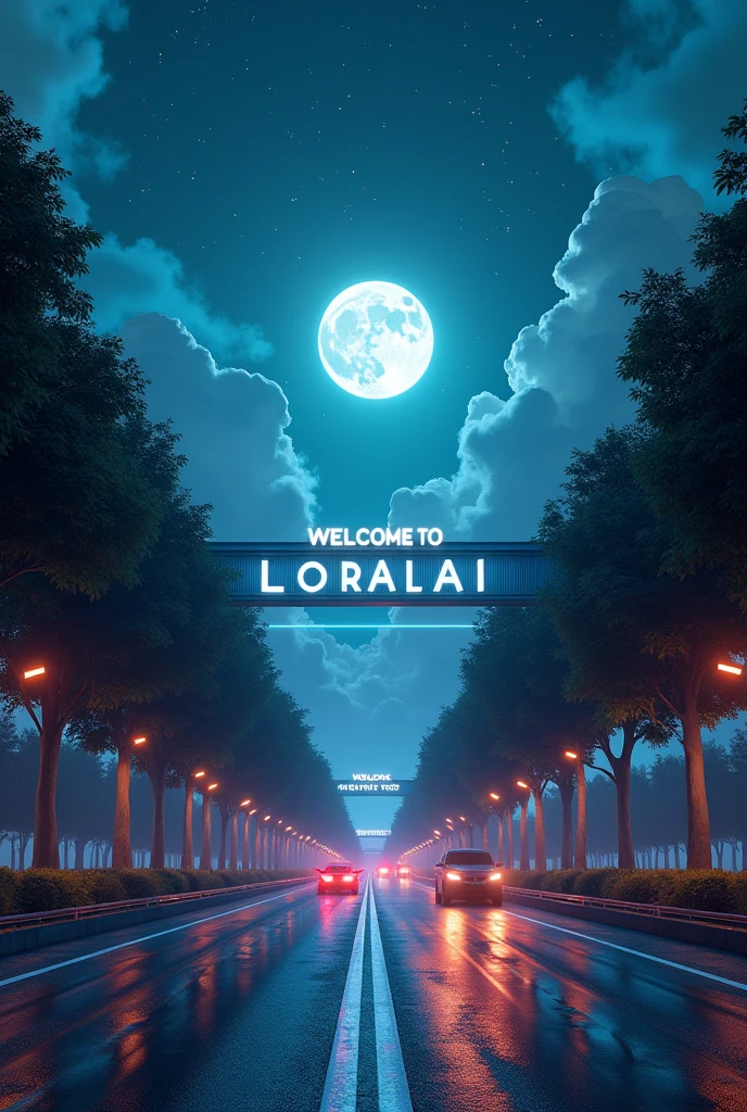 welcome to LORALAI written on top of entrance,with double entrance road ,trees on both side of road,futuristic,realistic sky,cars on roads and 4k results .night view with full lights stars and moons