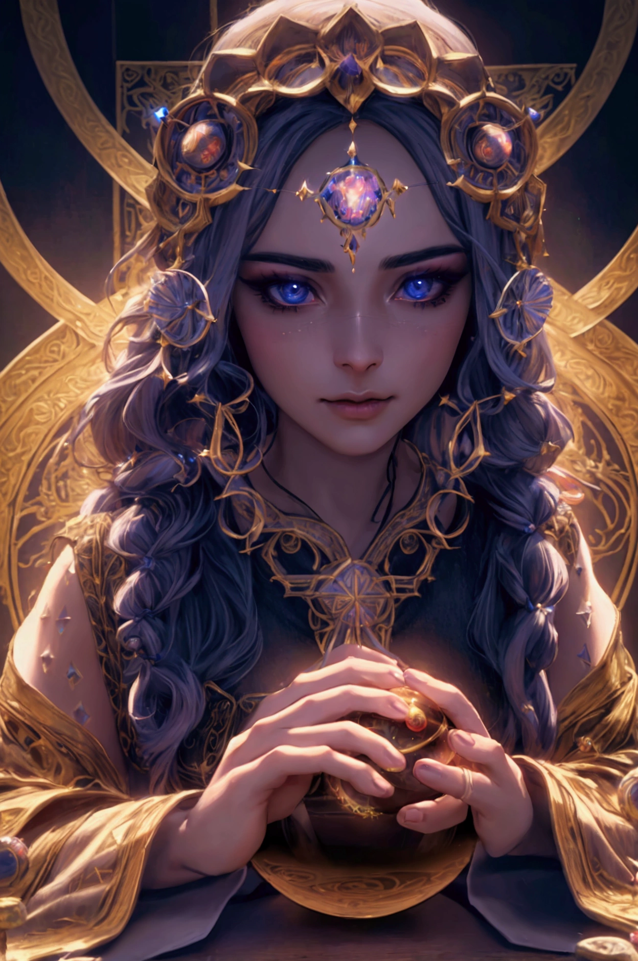 a wise old wizard, beautiful detailed eyes, beautiful detailed lips, extremely detailed eyes and face, longeyelashes, long flowing beard, intricate robe, holding a glowing crystal ball, magical energy swirling around, mystical library, ancient tomes, (best quality,4k,8k,highres,masterpiece:1.2),ultra-detailed,(realistic,photorealistic,photo-realistic:1.37),fantasy, cinematic lighting, moody atmosphere, dramatic shadows, vibrant colors, glowing magical effects