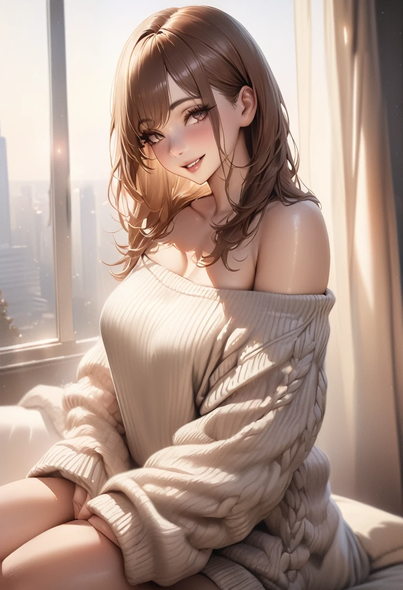 Highest quality, masterpiece, Ultra-high resolution, Realistic, One person, Off the shoulder, smile, Extra Large_sweater, Soft lighting, Detailed skin,Brown Hair