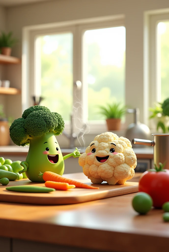 Generate an image of a happy cauliflower talking to a broccoli and other vegetables in the background of a well-lit kitchen