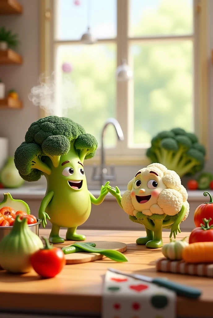 Generate an image of a happy cauliflower talking to a broccoli and other vegetables in the background of a well-lit kitchen