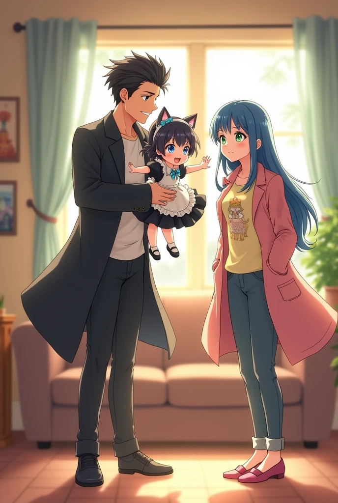 ((best quality)), ((masterpiece)), (detailed), A 2 anime fantasy handsome strong dad with bright green eyes , a black fit coat with and a white t-shirt with a picture of black tiger in the middle of that . black neat hair and a soft kindly smile on his face , a strong body as a sign of exerciser being , lifted up and spin around an innocent 4-year-old fantasy anime daughter with big and blue eyes that twinkle in the room light, playfully and softly chuckles with blushed cheeks, while she is suspended in his arms , Her arms are slightly opened as a sign of joy , her white and black and blue baby maid outfit with unreal cat ears and two blue bow ties on her head, fairly long straight black hair, in the middle of the living room , and in a moment , An 25-year-old fantasy anime gangster strong mom with shiny blue eyes, an enjoyable look and a soft smile on her face while chuckle , a kind and affectional look, blushed cheeks, a light yellow t-shirt with a fantasy princess in flower view in the middle, and a pink jacket with white lines on it. White and black sports shoes and golden bracelet with golden flower design, a sky blue jean , long straight blue hair , in the middle of the living room , stands near and looking to that guy and girl . enjoying moment as a happy family