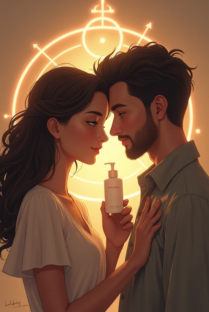 A woman with her male partner, holding a skin care lotion bottle, smiling and happy, with a subtle background of stars or a compass, symbolizing their journey together being guided by destiny