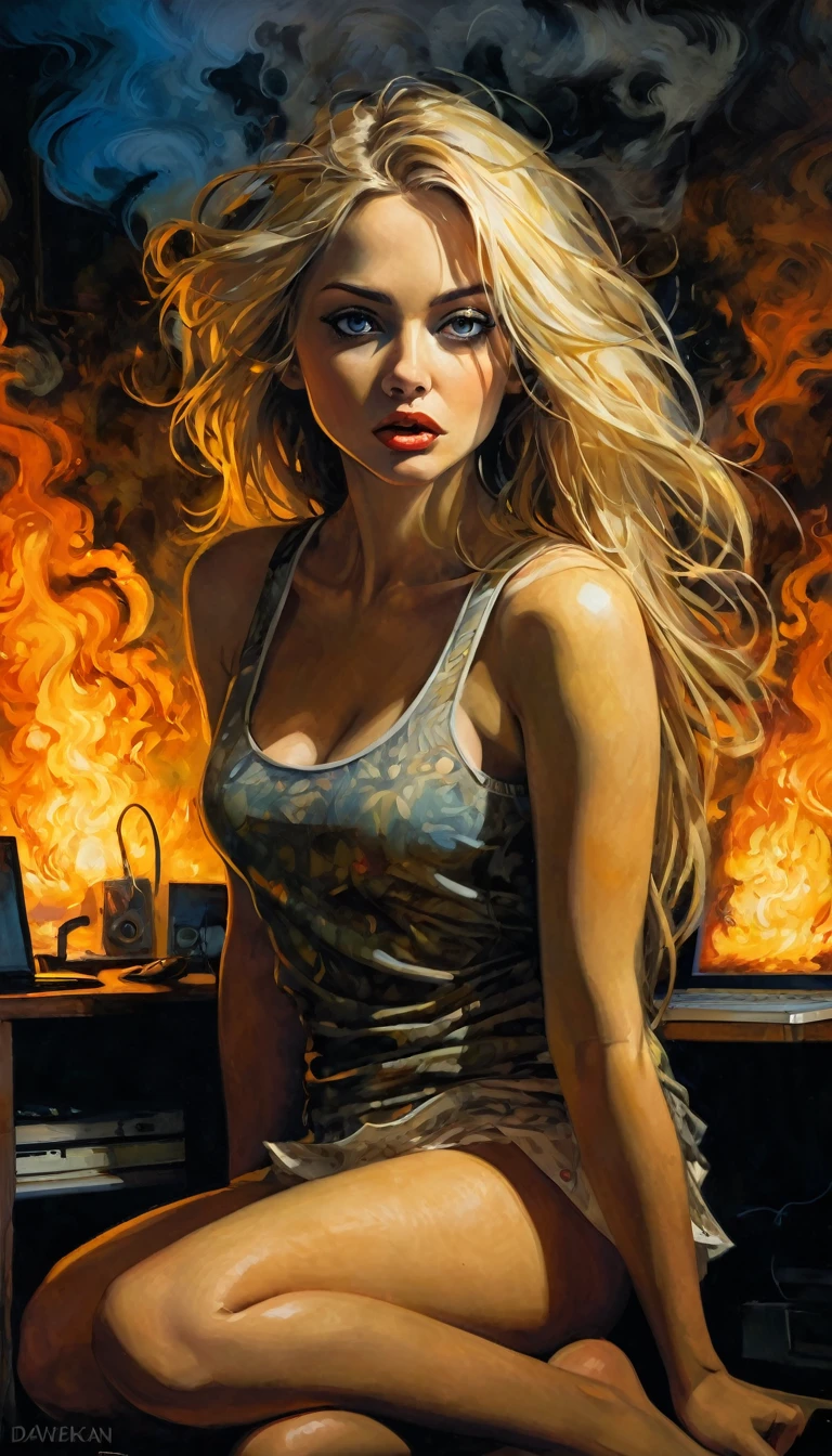 blonde long hair girl, in tank top and ,marked nipples scared, amic pose,,her computer is burning,art inspired by Bill Sienkiewicz and Dave McKean(best quality, 4k, 8k, high resolution, masterpiece: 1.2), ultra-detailed, (realistic, photorealistic, photorealistic: 1.37), details intricate, vivid colors, sharp focus, professional, Dave McKean artwork, surrealism oil touch, oil painting style, portrait, woman, beautiful detailed eyes, beautiful detailed lips, computer burning, dreamy atmosphere, shadow play, lighting soft, fun pose, dark tones, ethereal background, fantasy elements, texture, layered composition.eroticism, sexy, nd white im, between shadows, oil painting, chiaroscuro, sensual, dramatic lighting, moody atmosphere, photorealistic, intricate details, masterpiece, ultra-detailed, high quality, 8k, best quality, realistic, cinematic, dark and brooding, expressionistic, powerful composition, emotional impact,. {{{,nsfw,speech bubble,sexy nude, {{{,{pussy,spreaer pucum,cum on ,masterbation,strng,y}}ute,ra detaskin,s}}, art inspired by Bill Sienkiewicz and Dave McKean