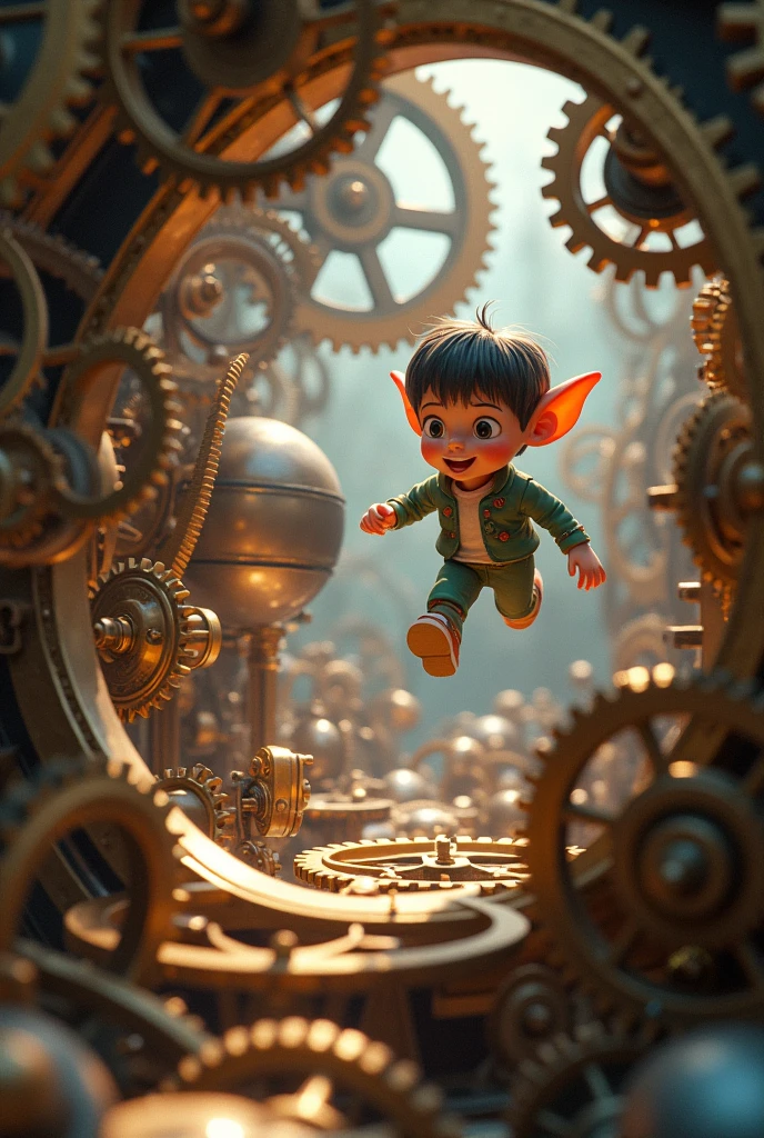 Inside the clock machine, gears are rotating, and in the air, the Time Elf is chasing the flying spherical cockpit, Disney, 3D, soft, fairy tale,16:9