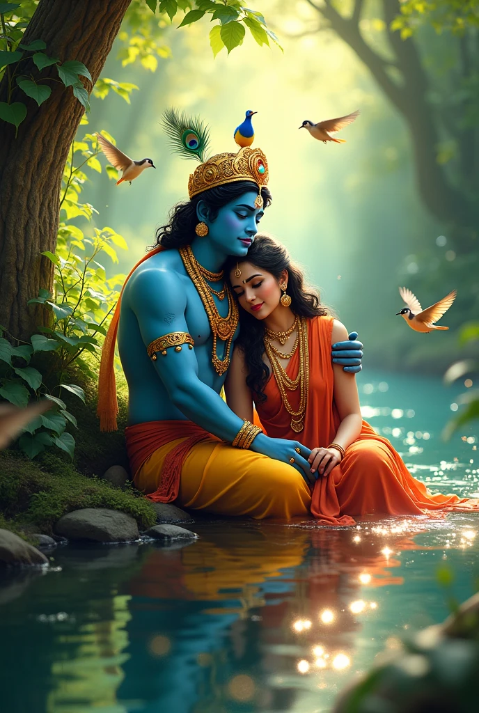 Create a serene and colorful depiction of Lord Krishna and Radha sitting together in a lush, enchanted forest by the water. The scene should be vibrant, with soft sunlight filtering through the green leaves. Krishna, with his blue skin, wears a golden crown adorned with peacock feathers and vibrant garlands. Radha is lovingly leaning on him, her face showing contentment and joy. Surround them with birds in mid-flight, adding a sense of movement and harmony to the peaceful atmosphere. The water around them should sparkle with reflections of nature, adding to the tranquility of the scene.