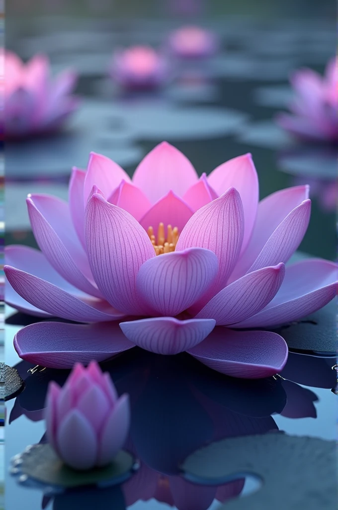 Big purple lotus in the center and baby lotus are spreading around the big lotus . Make the photo 3d